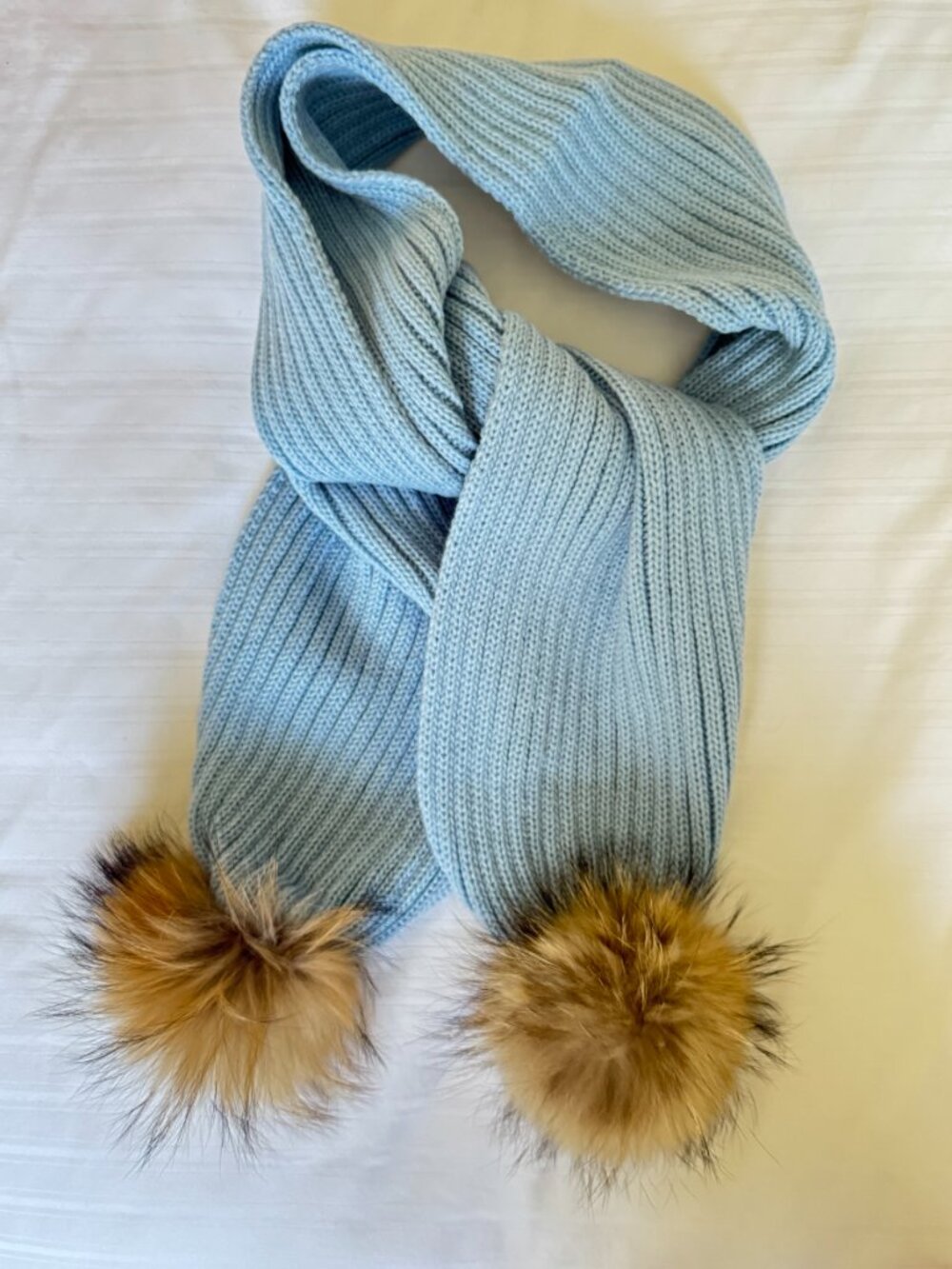 NEW - Blue Fur Pom Pom Winter Ski Scarf - Removable via snap buttons